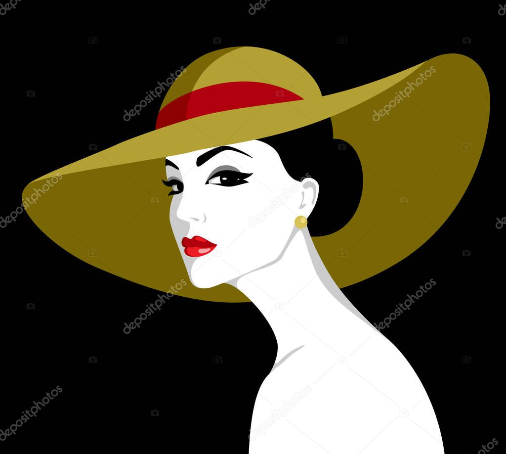 Vector illustration of beautiful elegant woman with naked shoulders wearing big hat with red bow against black background