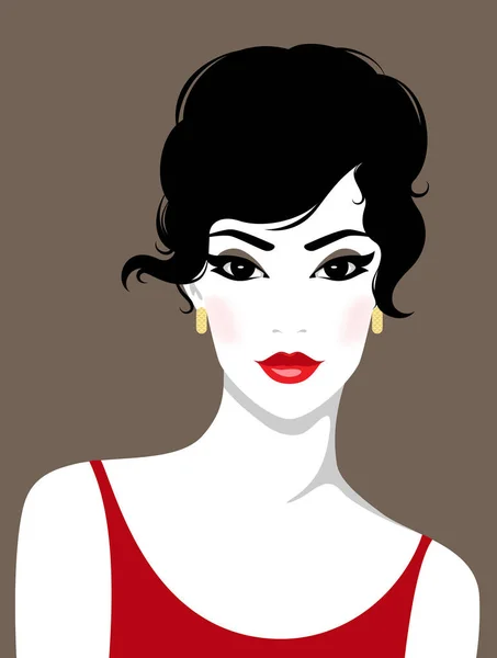 Ilustración Vectorial Una Hermosa Joven Alegre Con Labios Rojos Completos — Vector de stock