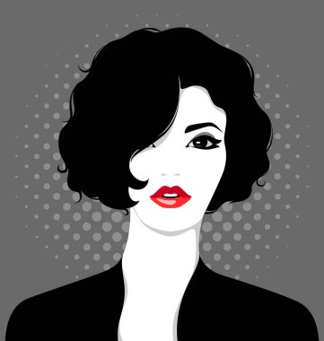 Kısa kıvırcık siyah saçlı, siyah, dolgun dudaklı, benekli arka planda siyah elbisesi olan zarif genç bir kadının basit bir portresi.