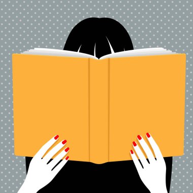 Kitap okuyan bir kadın, siyah saçlı, açık büyük bir kitabın arkasına saklanan, kırmızı tırnaklı elleri büyük bir kitap tutan, basit bir illüstrati vektörü.