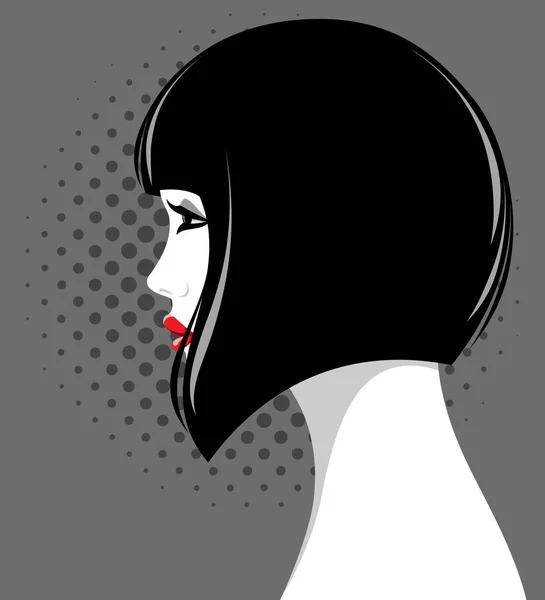 Vektor Ilustrasi Wanita Muda Cantik Pemalu Dengan Rambut Mikado Hitam - Stok Vektor