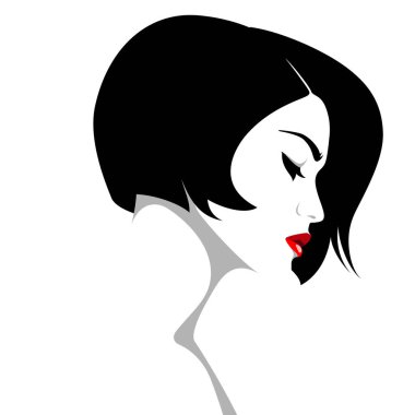 Güzel, üzgün, düşünceli, kısa siyah saçlı, dolgun kırmızı dudaklı, beyaz arka planda basit bir vektör portresi olan bir kadın.