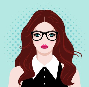 Uzun dalgalı saçları ve dolgun pembe dudakları olan, geniş beyaz yakalı, gözlüklü, benekli arka planda siyah bir elbise giyen güzel bir genç kadının renkli portresi.