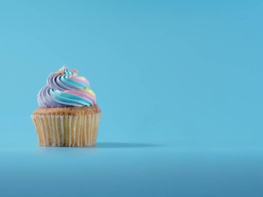 Renkli ve mavi arka plan stüdyosu nda izole giren cupcake yakın çekim.