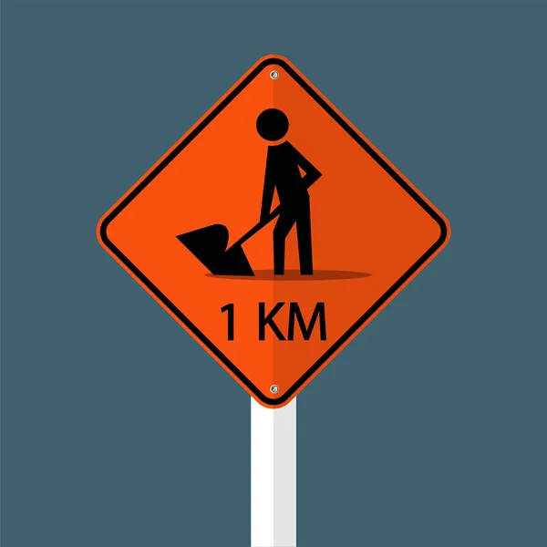 Construction de routes devant 1km. Signe isolé sur fond de ciel gris. Illustration vectorielle — Image vectorielle