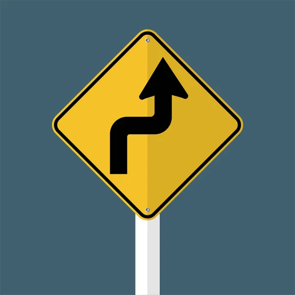 Courbes en avant à droite Panneau routier isolé sur fond de ciel gris, illustration vectorielle EPS 10 — Image vectorielle