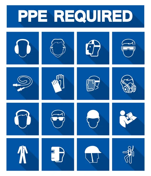 Wymagany osobisty sprzęt ochronny (PPE), ikona bezpieczeństwa, wektor pokazanych — Wektor stockowy