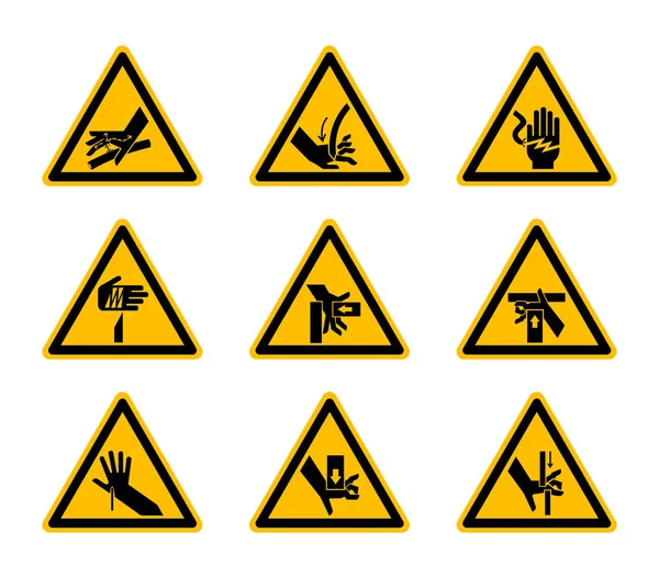 Háromszögletű figyelmeztető veszély szimbólumok címkéi izolál fehér alapon, Vector illusztráció — Stock Vector