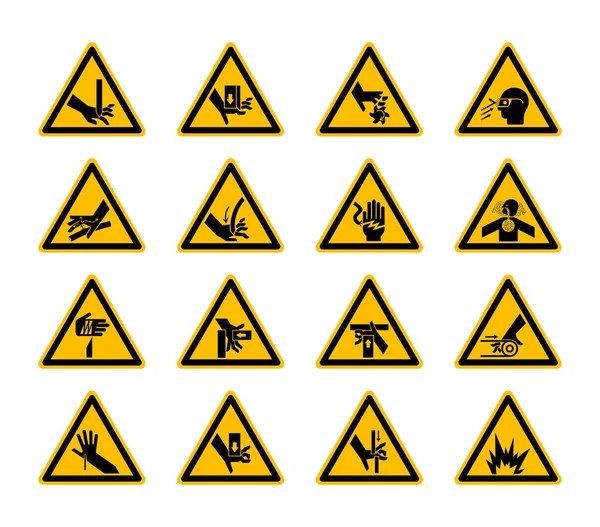 Étiquettes de symboles de danger d'avertissement triangulaires sur fond blanc, illustration vectorielle — Image vectorielle