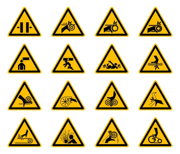 Driehoekige waarschuwing gevaarsymbolen labels op witte achtergrond, vector illustratie — Stockvector