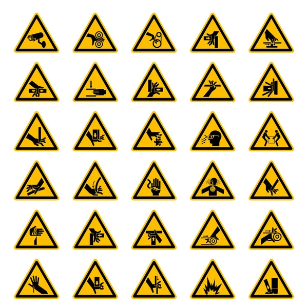 삼각형 경고 위험 기호 흰색 배경에 레이블, 벡터 그림 — 스톡 벡터