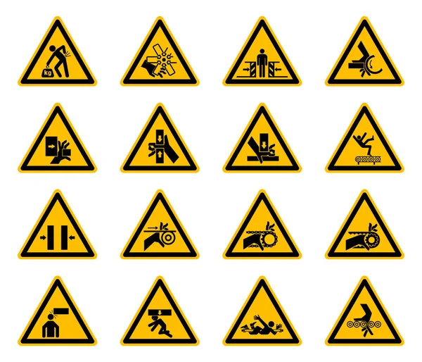 Etichette triangolari dei simboli di pericolo di avvertimento su sfondo bianco — Vettoriale Stock