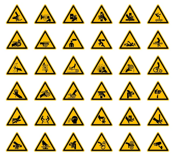 Trojúhelníková výstražná označení nebezpečnosti popisky na bílém pozadí — Stockový vektor