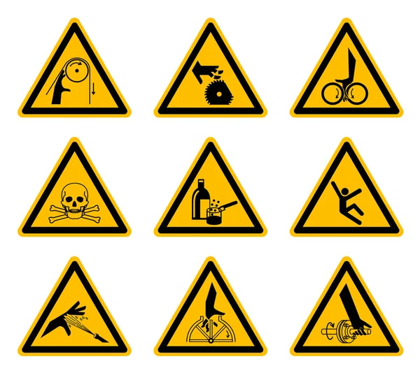 Üçgen Uyarı Tehlike Sembolleri etiketleri Beyaz Arka Planda Yalıtma,Vektör Çizimi Eps.10 — Stok Vektör