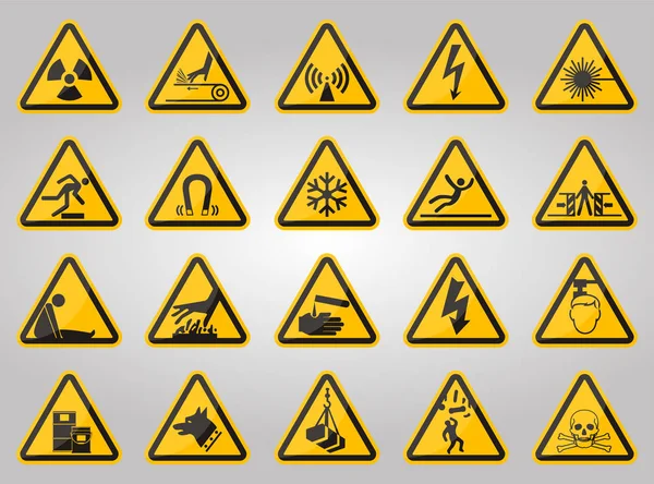 Driehoekige waarschuwing gevaarsymbolen labels op witte achtergrond — Stockvector