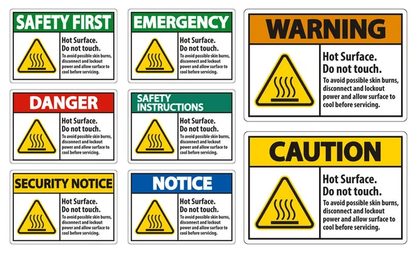 ホットサーフェス、触れないでください、可能な皮膚の火傷を避けるために、切断とロックアウト電源と白い背景に分離シンボル記号を提供する前に表面を冷却することができます — ストックベクタ