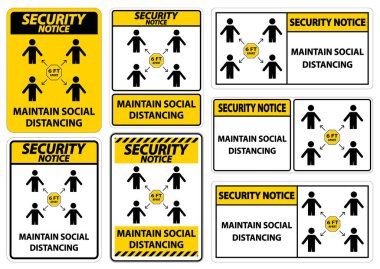 Güvenlik Bildirimi Sosyal Mesafeyi Koruyun, 2 metre aralık bırakın, Koronavirüs COVID-19 Beyaz Arkaplanda İzolasyon İşareti, Vektör Resimleri EPS.10 