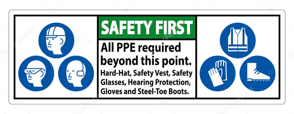 Safety First PPE Required Beyond This Point. Hard Hat, Safety Vest, Safety Glasses, Hearing Protection