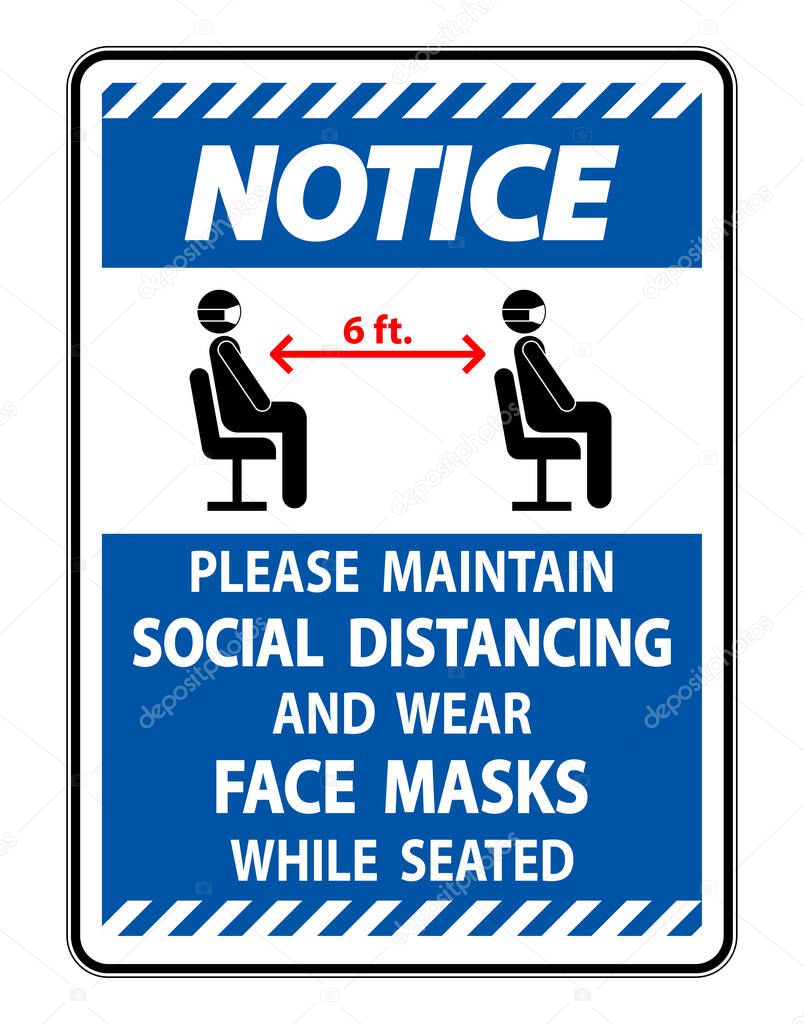 Notice Maintain Social Distancing Wear Face Masks Sign on white background 