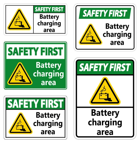 Safety First Batterieladebereich Schild Auf Weißem Hintergrund — Stockvektor