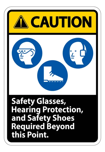 警告标志安全眼镜 听力保护 以及白色背景的安全靴 — 图库矢量图片