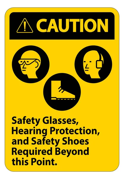 警告标志安全眼镜 听力保护 以及白色背景的安全靴 — 图库矢量图片