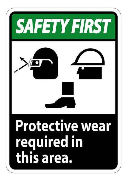 Safety First Sign Protective Wear Required Area Goggles Hard Hat — Stock Vector