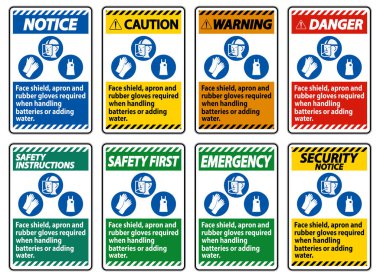 Yüz kalkanı, önlük ve lastik eldivenler pil kullanırken veya PPE sembollü su eklerken gereklidir 