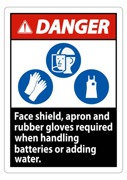 Danger Sign Face Shield Apron Rubber Gloves Required Handling Batteries — Stock Vector