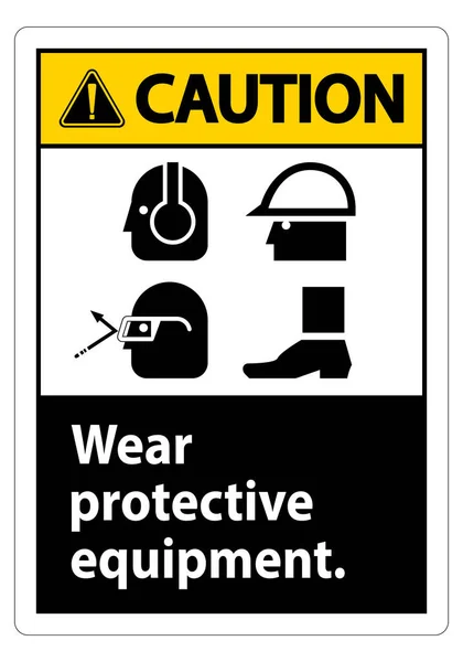 Voorzichtigheid Gebarentaal Dragen Beschermende Apparatuur Met Ppe Symbolen Witte Achtergrond — Stockvector