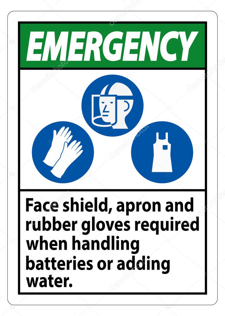 Emergency Sign Face Shield, Apron And Rubber Gloves Required When Handling Batteries or Adding Water With PPE Symbols 