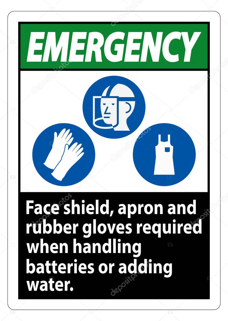 Emergency Sign Face Shield, Apron And Rubber Gloves Required When Handling Batteries or Adding Water With PPE Symbols 