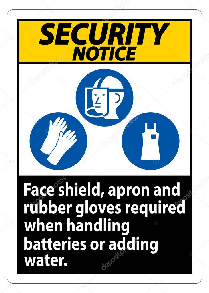 Security Notice Sign Face Shield, Apron And Rubber Gloves Required When Handling Batteries or Adding Water With PPE Symbols 
