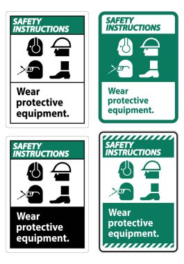 Güvenlik Talimatları İmzası Koruyucu Ekipman Giyin, Beyaz Arkaplanda PPE Sembolleri, Vektör Resimleri 