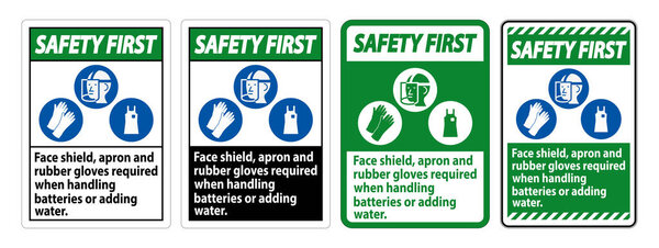 Safety First Sign Face Shield, Apron And Rubber Gloves Required When Handling Batteries or Adding Water With PPE Symbols 