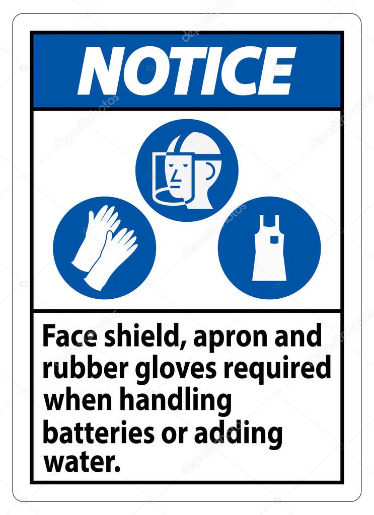 Notice Sign Face Shield, Apron And Rubber Gloves Required When Handling Batteries or Adding Water With PPE Symbols 