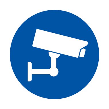 Bu grafik, modern ortamlarda güvenlik ve gözetleme teknolojisini temsil eden mavi dairesel arka planda bir güvenlik kamerası ikonunu gösteriyor. Güvenlik uygulamaları için ideal.