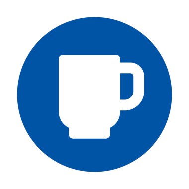 Modern tasarım projeleri için mükemmel, içeceklerle ilişkili sıcaklığı ve konforu ileten canlı mavi arka plan üzerindeki minimalist kahve kupası simgesi.