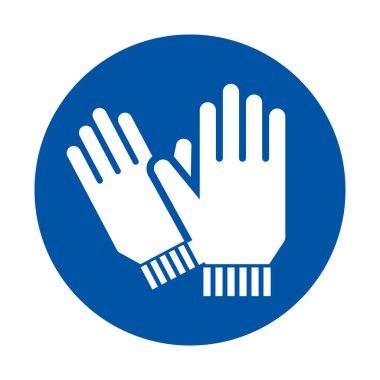 Bu grafik, çeşitli ortamlarda güvenlik ve hijyeni sembolize eden mavi bir daire üzerinde beyaz eldivenlerin basit ve etkili bir tasarımını içeriyor..