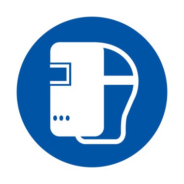 Temiz ve modern bir ikon, koyu mavi daireye karşı beyaz bir kaynak miğferini temsil ediyor. Güvenlik ekipmanı temaları ve endüstriyel uygulamalar için ideal.