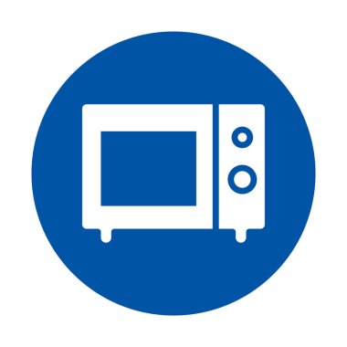 Mavi bir arkaplanda beyaz olarak gösterilen modern ve basit bir mikrodalga ikonu. Tasarım ve markalaşma konusunda mutfak veya mutfak teması için idealdir.