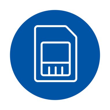 Canlı mavi bir arka planda, dijital teknolojiyi, veri depolamayı ve yeniliği temsil eden, bembeyaz minimalist bir hafıza kartı simgesi. Pazarlama malzemeleri için mükemmel..