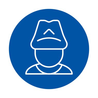 Bu minimalist mavi polis memuru ikonu dairesel bir tasarımda çizgi sanatı içeriyor. Modern grafik ihtiyaçları için ideal olan kolluk kuvvetlerini ve otoriteyi sembolize eder..