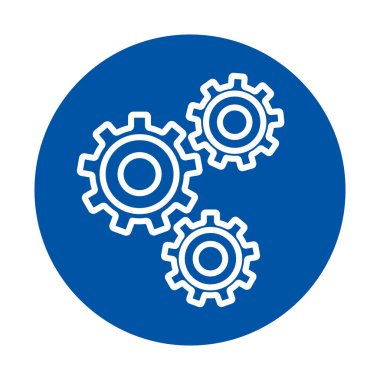 Mekanik ve mühendisliği sembolize eden mavi daire arkaplanına karşı modern bir vites simgesi. Teknoloji ve tasarım temaları için ideal.