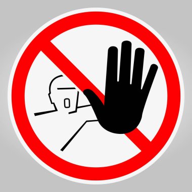 Bir el ve yüz silueti içeren çarpıcı bir yasaklama işareti, tarafsız gri bir arkaplanda net bir kısıtlama ve güvenlik farkındalığı mesajı taşıyor.