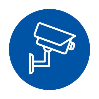 Mavi dairesel arka planda beyaz çizgili minimalist bir kamera ikonu. Çeşitli tasarım projelerinde güvenlik, güvenlik ve teknoloji temaları için ideal.