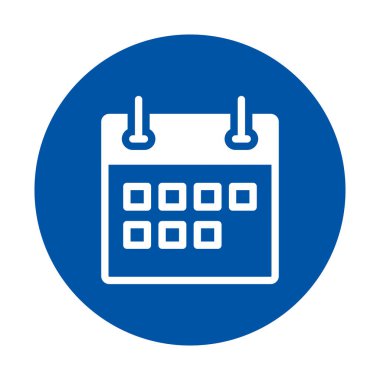 Basit bir takvim tasarımı içeren mavi dairesel bir simge, zaman yönetimi, organizasyon ve çeşitli dijital ve yazdırma uygulamaları için mükemmel.
