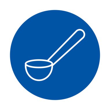 Temiz ve modern bir minimalist simge canlı mavi bir arka planda kepçe tasvir ediyor. Mutfak temalı projeler için ideal, bu grafik mutfak sanatı ve yemek hazırlığını temsil ediyor.