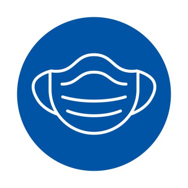 Bu resim, sağlık krizleri sırasında sağlık, güvenlik ve hijyen konularını vurgulayan mavi dairesel bir arka planda tıbbi yüz maskesi simgesidir..