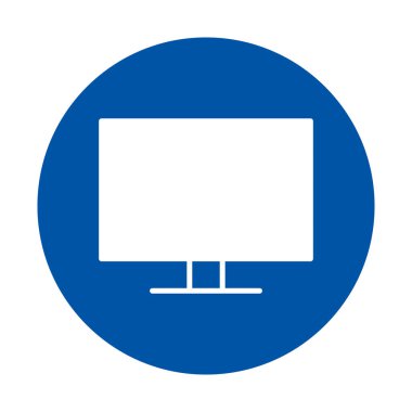 Bu temiz simge, dijital ortam veya teknolojiyle ilgili projeler için mükemmel, mavi bir dairesel arkaplan üzerinde bir bilgisayar görüntüsü içerir..